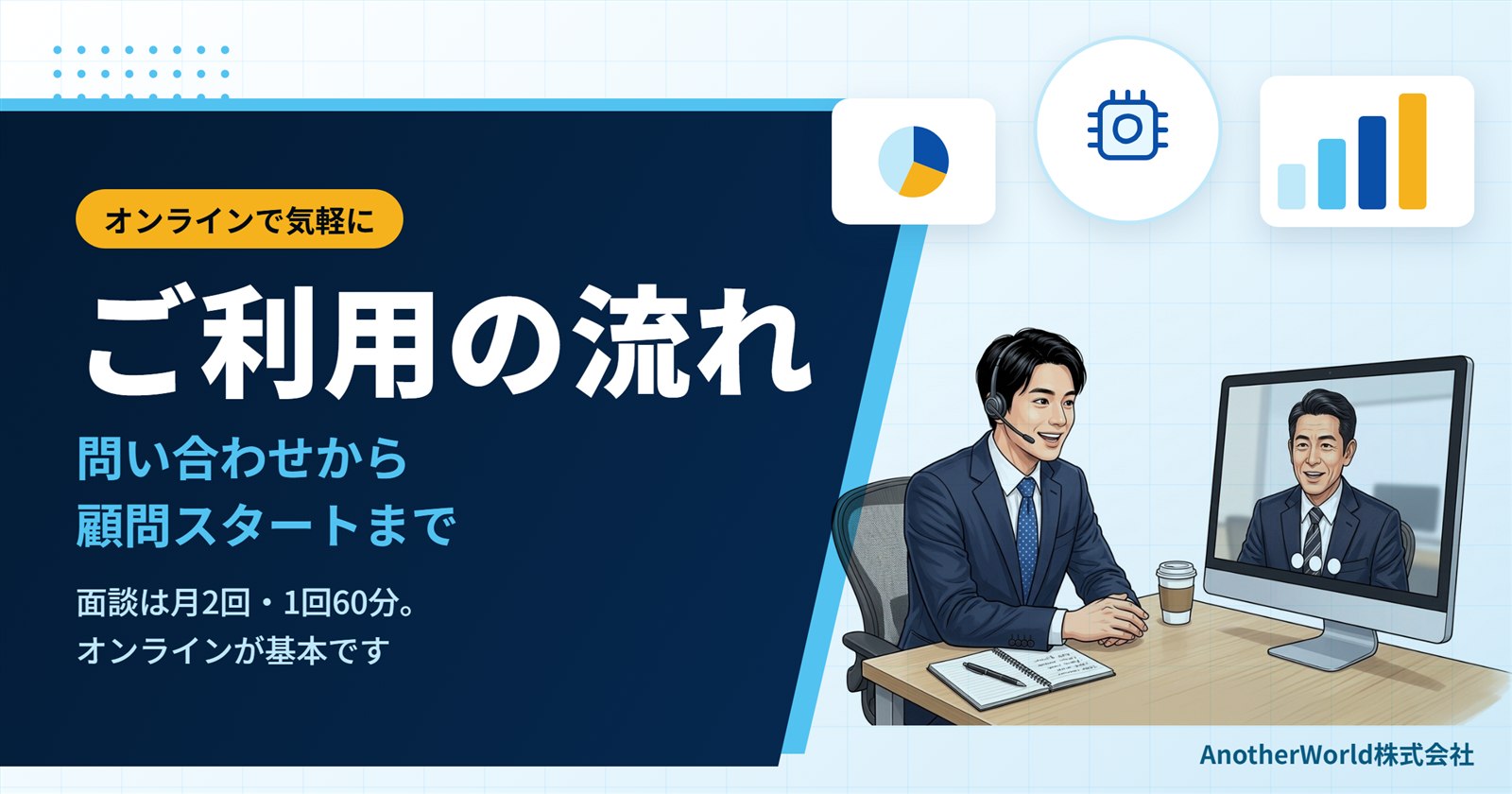 AI顧問のご利用の流れ：コンサルタントがオンライン面談で経営者と話している様子